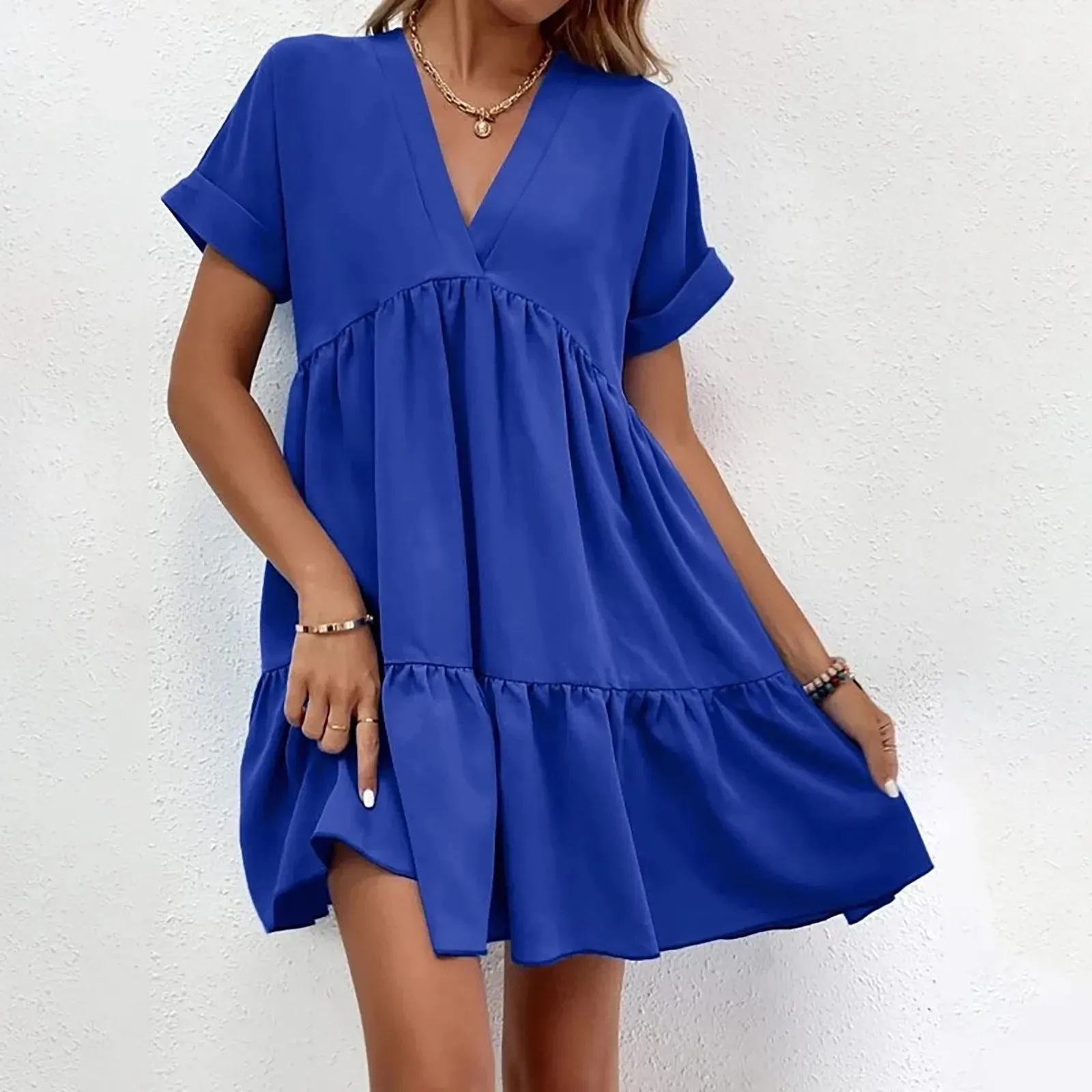 Casual Women Short Sleeve Mini Dress 2023 Spring Summer V-neck Loose Dresses Cute Solid Big Hem Beach Dress Robe De Plage