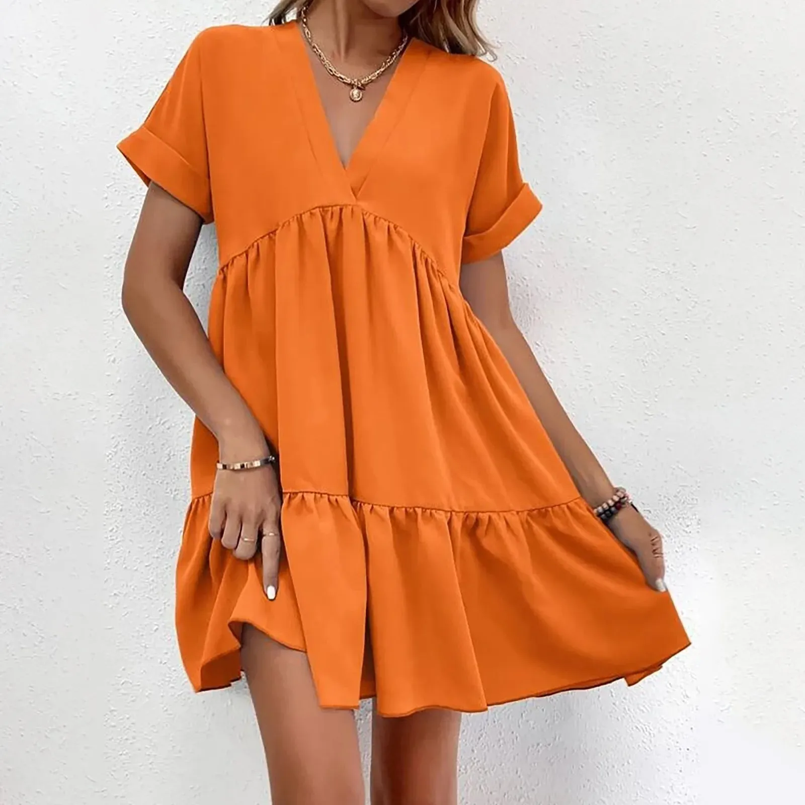 Casual Women Short Sleeve Mini Dress 2023 Spring Summer V-neck Loose Dresses Cute Solid Big Hem Beach Dress Robe De Plage