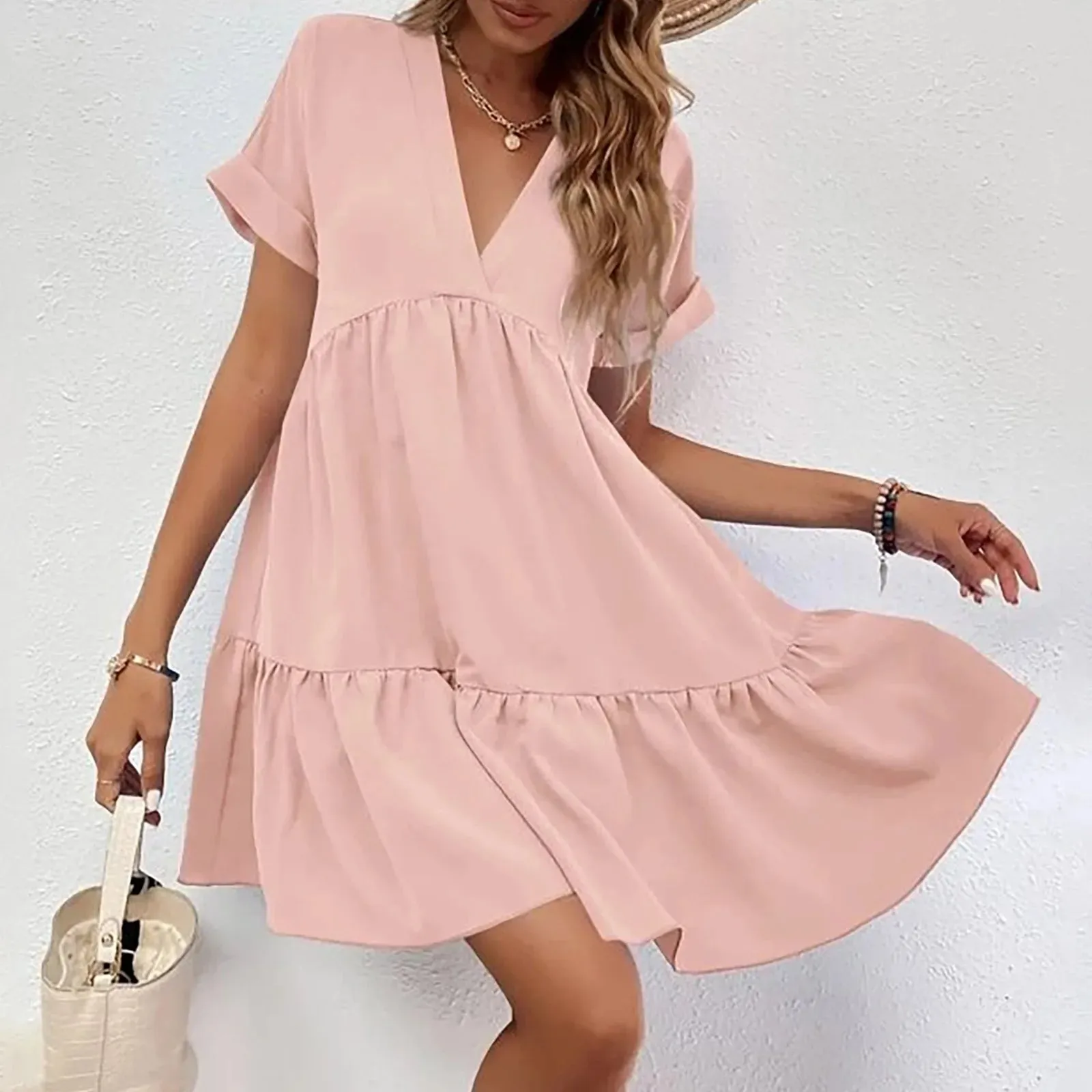 Casual Women Short Sleeve Mini Dress 2023 Spring Summer V-neck Loose Dresses Cute Solid Big Hem Beach Dress Robe De Plage