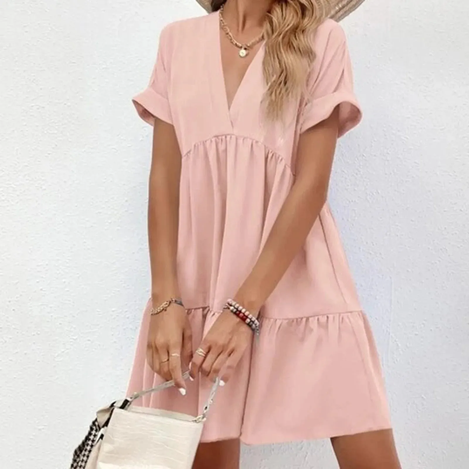 Casual Women Short Sleeve Mini Dress 2023 Spring Summer V-neck Loose Dresses Cute Solid Big Hem Beach Dress Robe De Plage