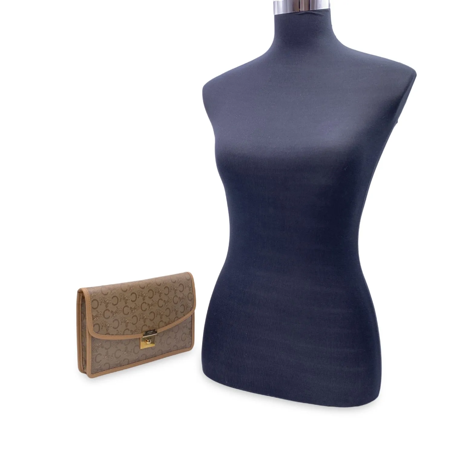 CELINE Vintage Beige Vinyl C Macadam Canvas Clutch Bag Purse