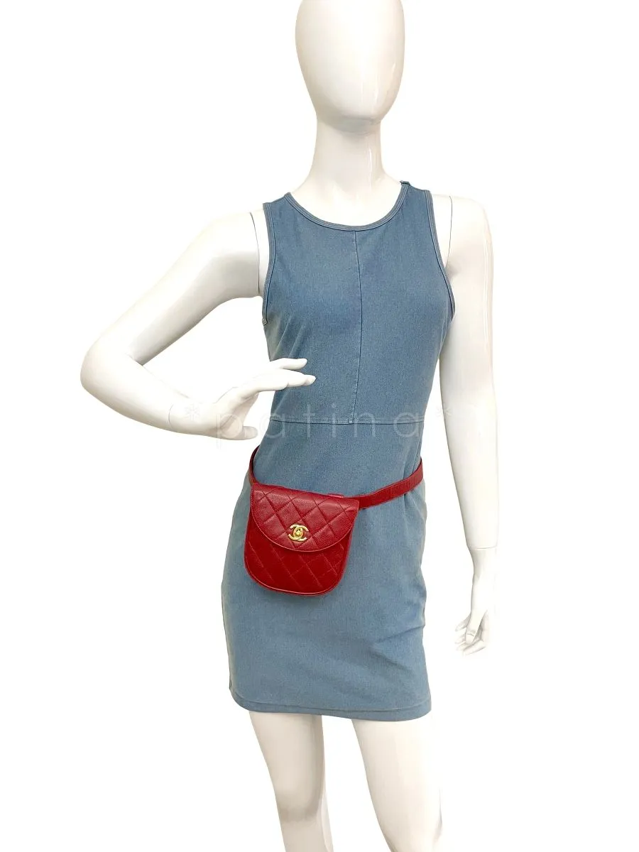 Chanel Vintage Red Caviar Belt Bag Rounded Fanny Pack