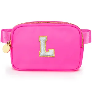 Chenille L Patch Nylon Belt Bag - Hot Pink Fanny Pack For Women - Crossbody Bag Waist Pack Bum Bag