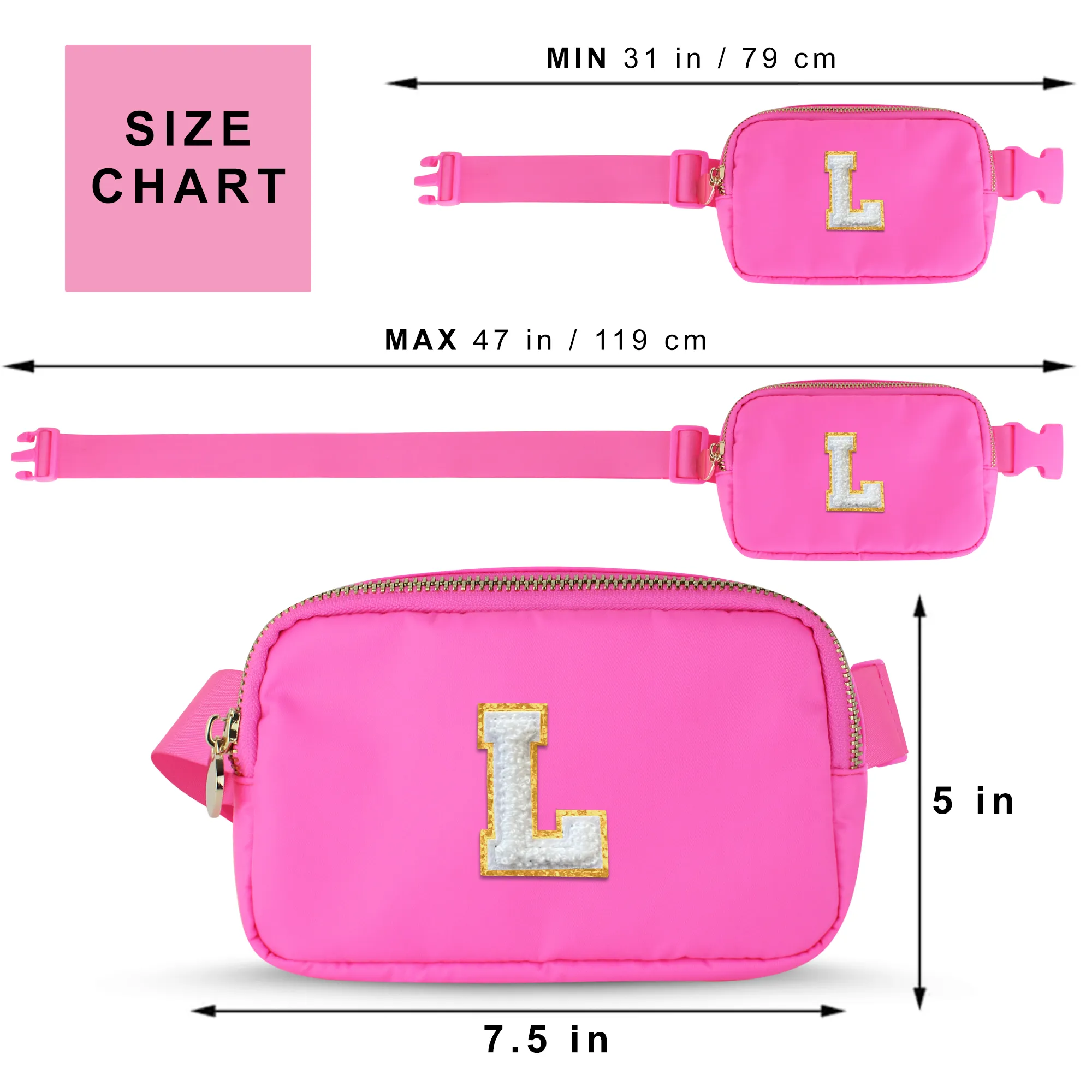 Chenille L Patch Nylon Belt Bag - Hot Pink Fanny Pack For Women - Crossbody Bag Waist Pack Bum Bag