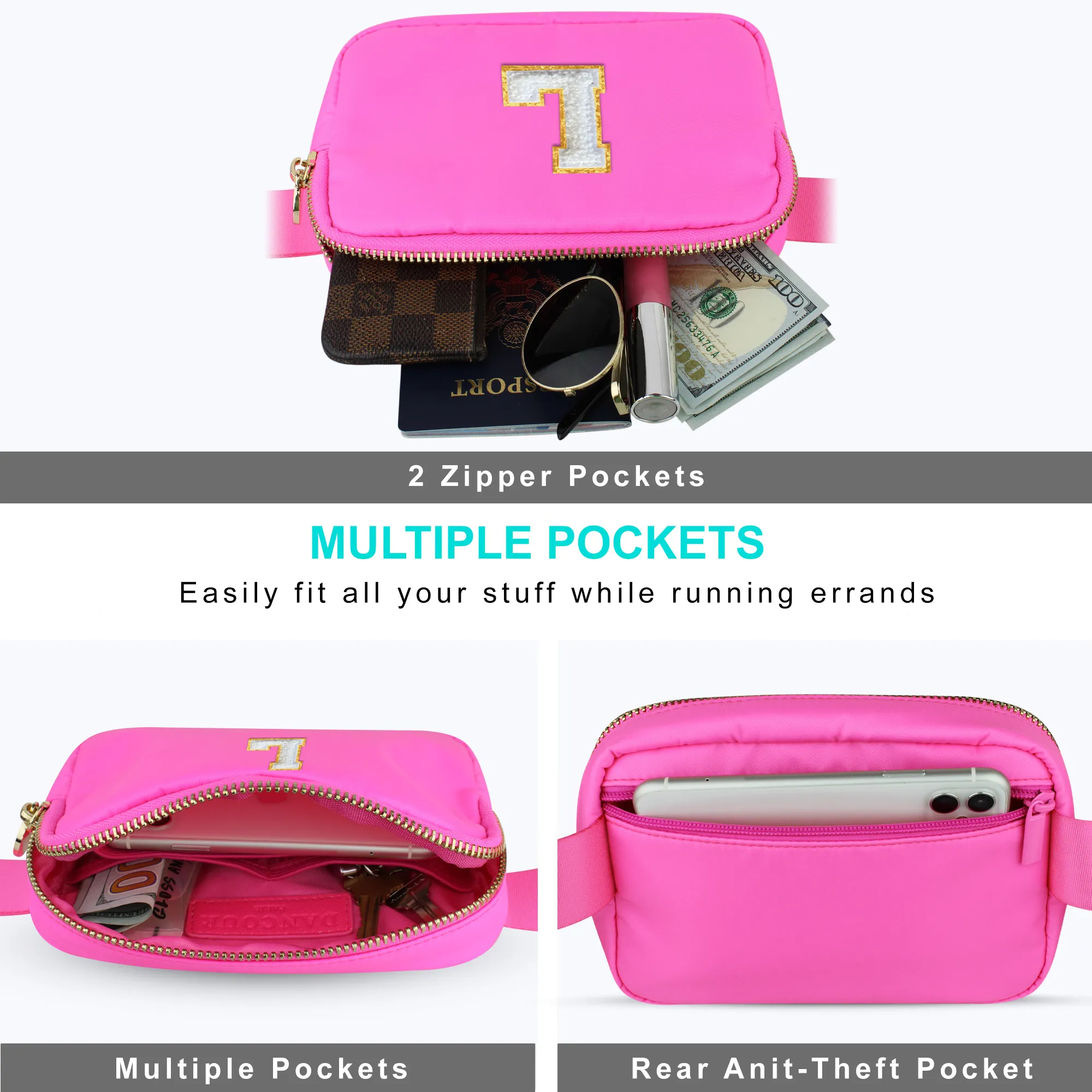 Chenille L Patch Nylon Belt Bag - Hot Pink Fanny Pack For Women - Crossbody Bag Waist Pack Bum Bag