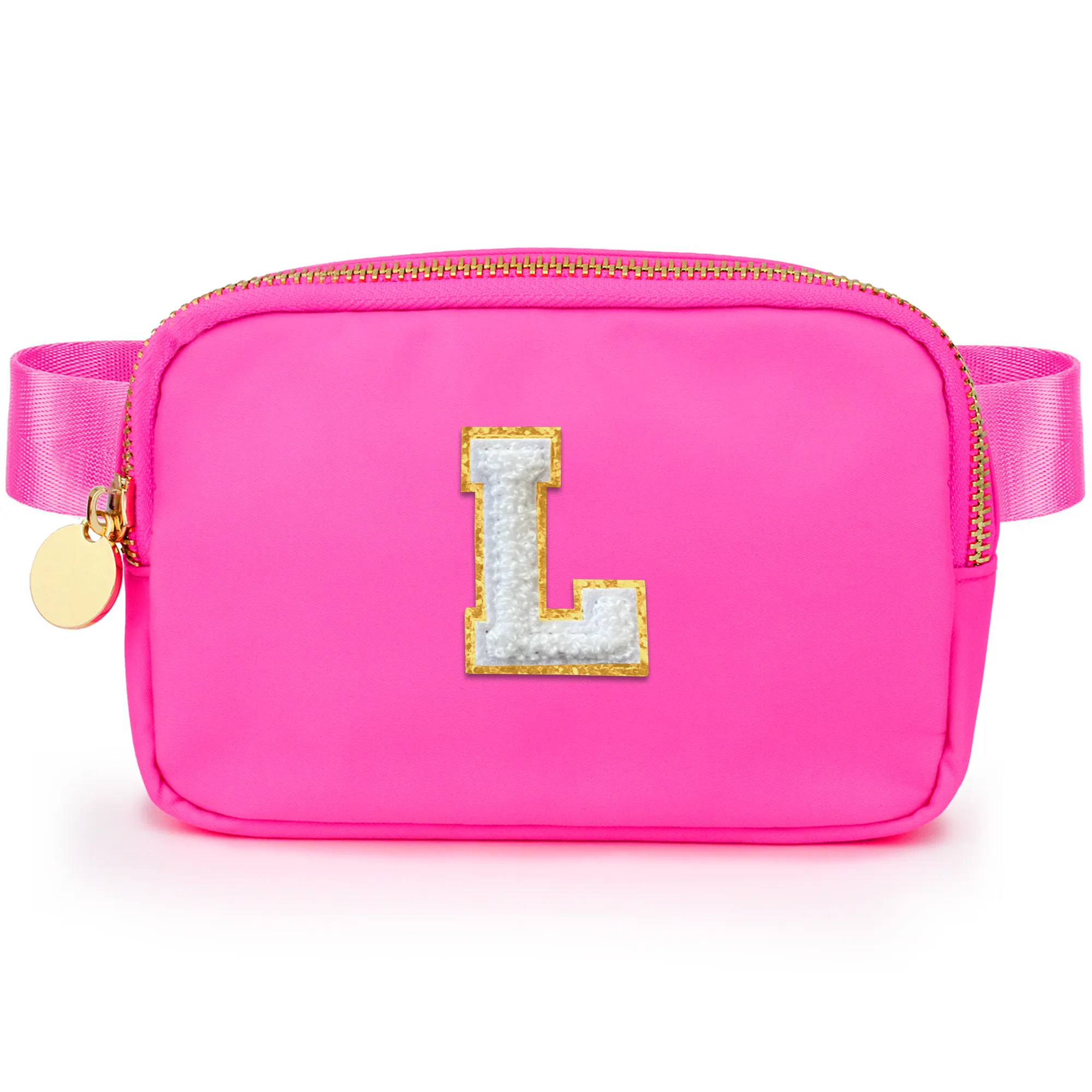 Chenille L Patch Nylon Belt Bag - Hot Pink Fanny Pack For Women - Crossbody Bag Waist Pack Bum Bag