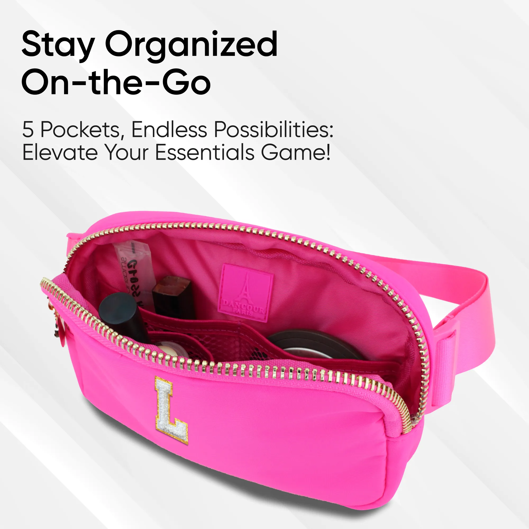 Chenille L Patch Nylon Belt Bag - Hot Pink Fanny Pack For Women - Crossbody Bag Waist Pack Bum Bag