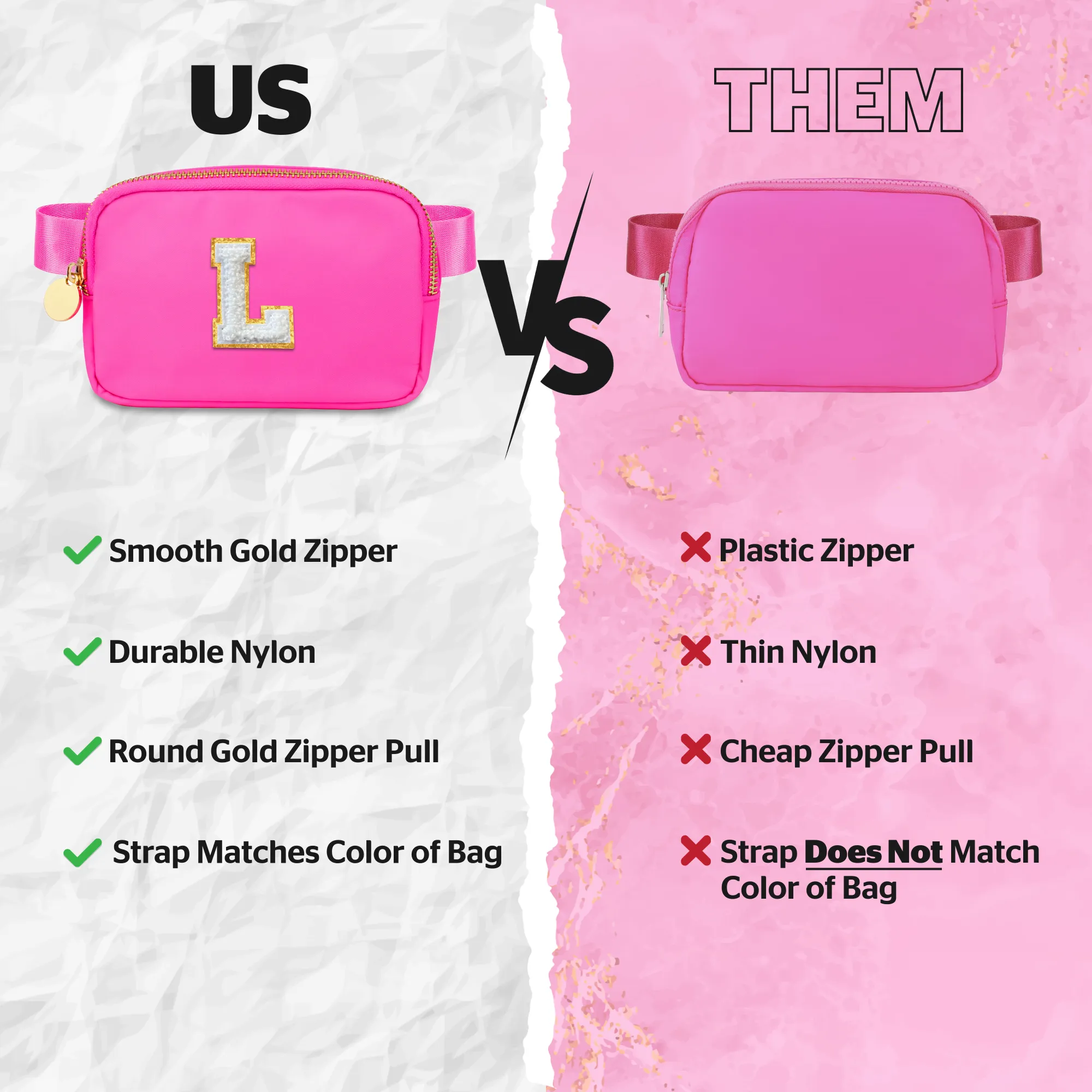 Chenille L Patch Nylon Belt Bag - Hot Pink Fanny Pack For Women - Crossbody Bag Waist Pack Bum Bag