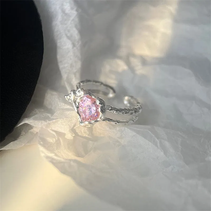 Chic Adjustable Pink Crystal Heart Ring
