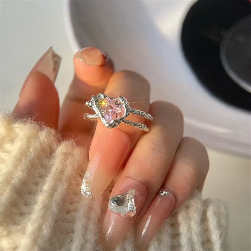Chic Adjustable Pink Crystal Heart Ring