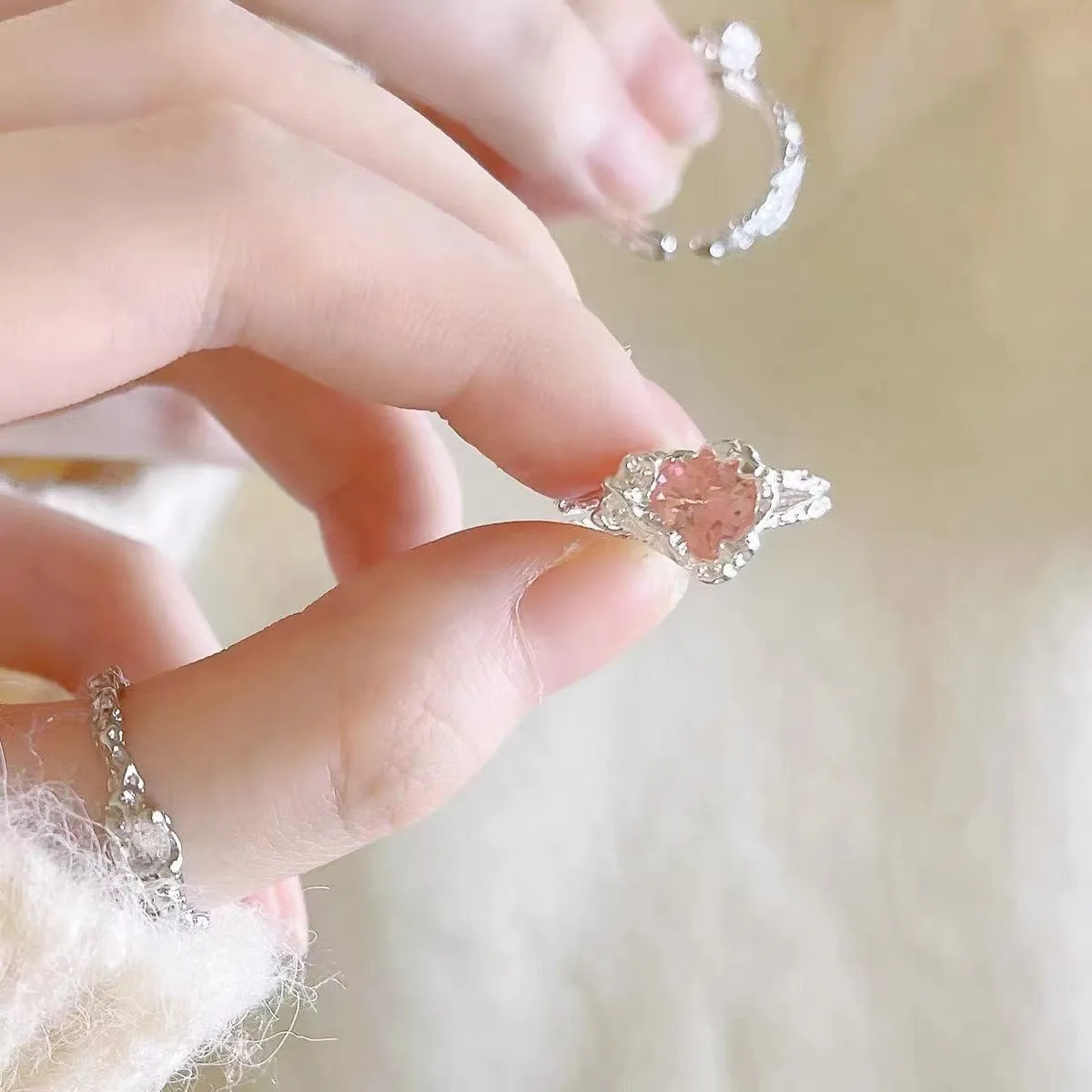 Chic Adjustable Pink Crystal Heart Ring