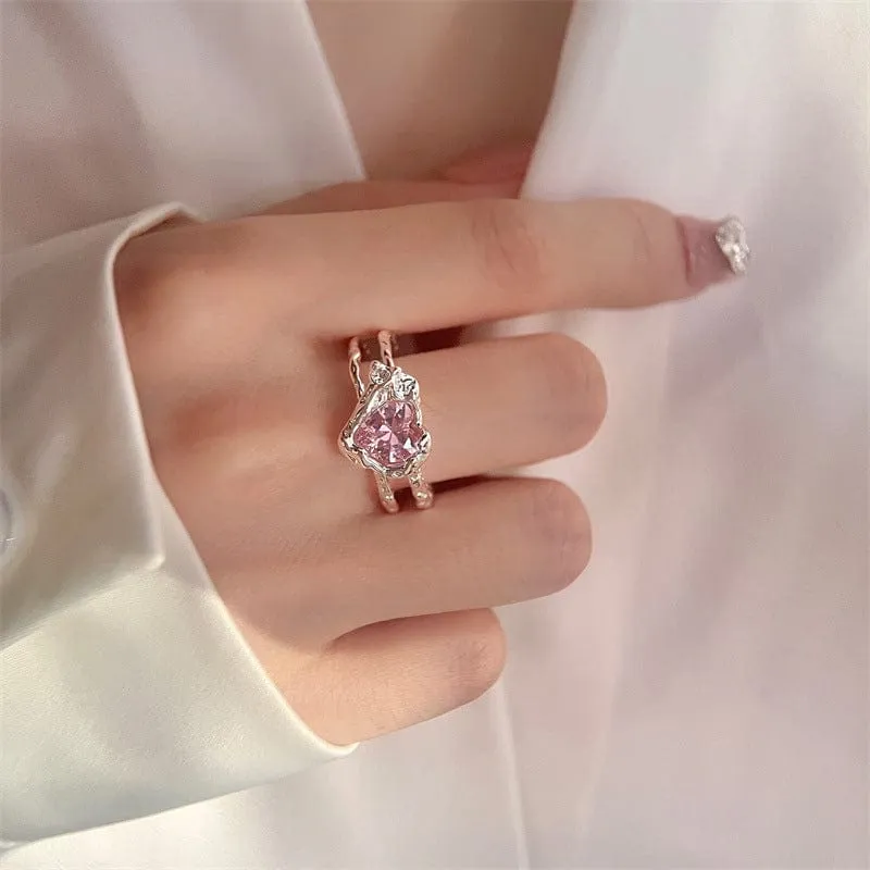 Chic Adjustable Pink Crystal Heart Ring