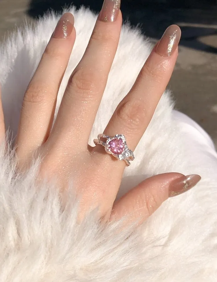 Chic Adjustable Pink Crystal Heart Ring