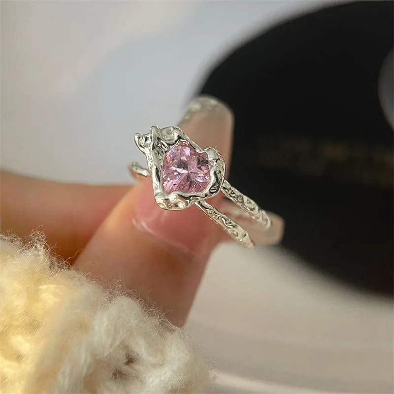 Chic Adjustable Pink Crystal Heart Ring