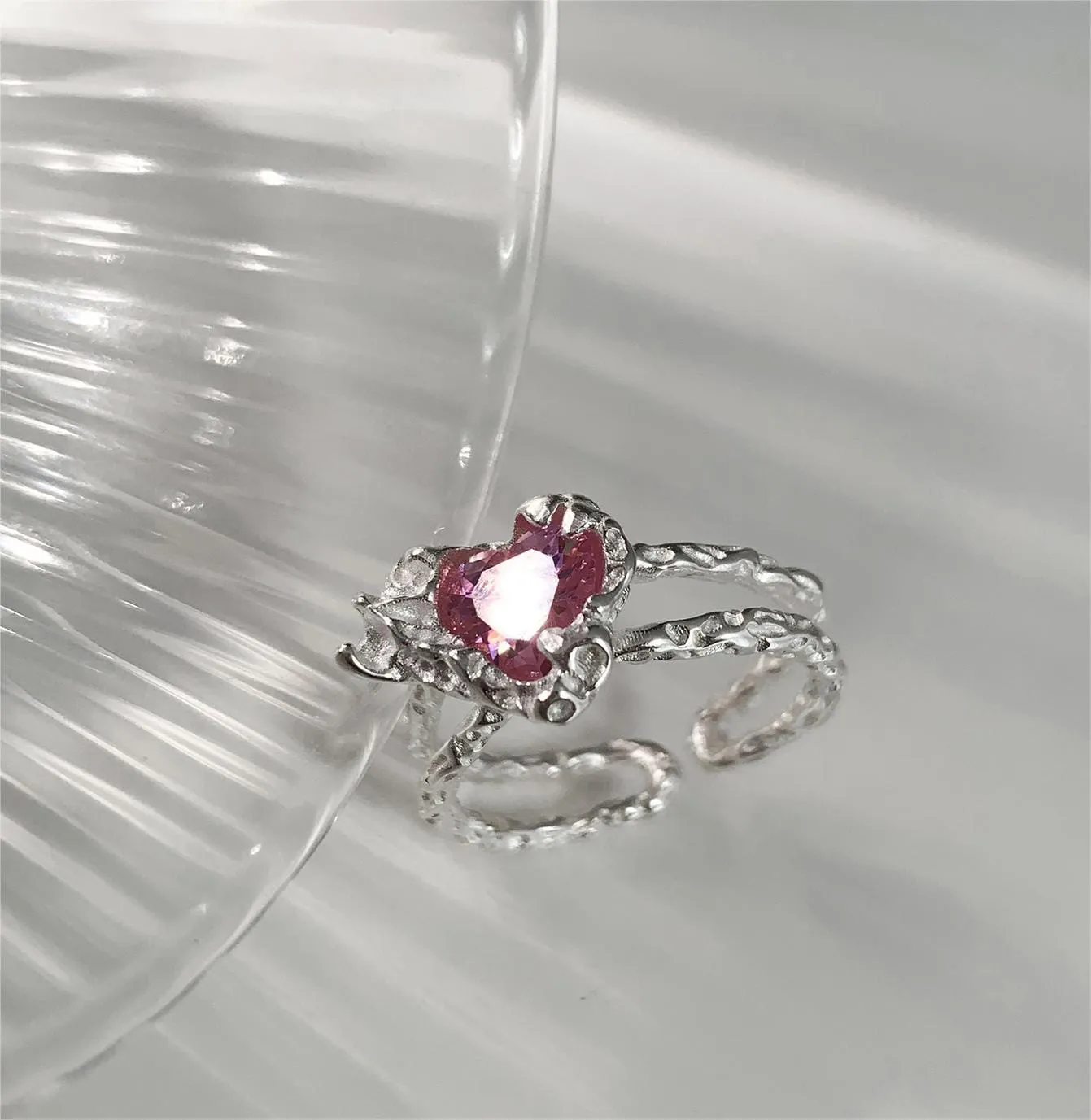 Chic Adjustable Pink Crystal Heart Ring