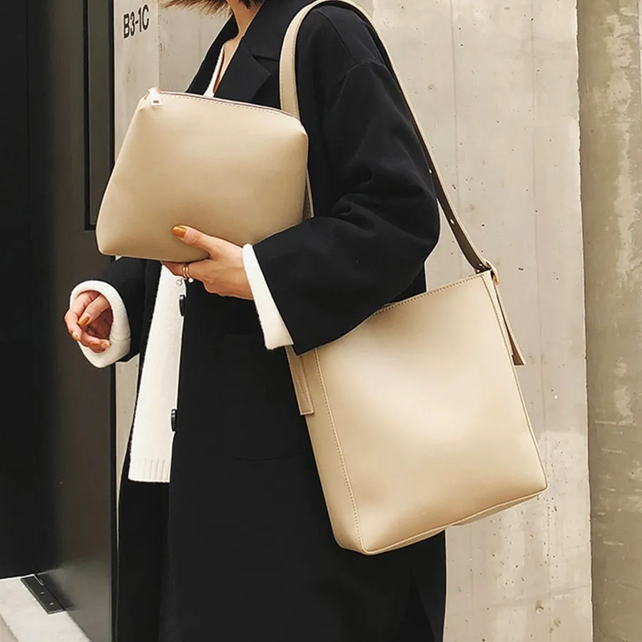 Christmas Gift Fashion Pu Leather Composite Bags For Ladies Casual Solid Large Capacity Bucket Bags For Women Simple Vintage Messenger Bags New
