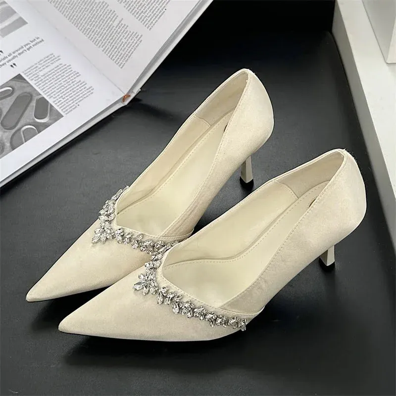 Crystal Pumps Pointed Toe Low-Heeled Shoes