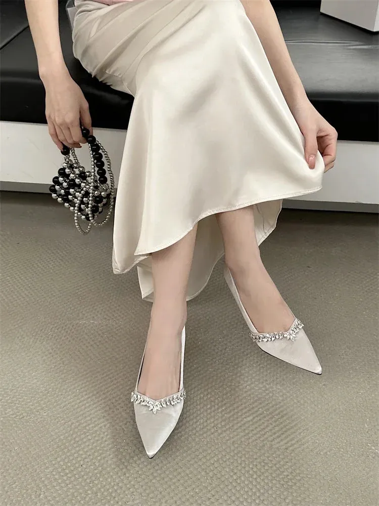 Crystal Pumps Pointed Toe Low-Heeled Shoes