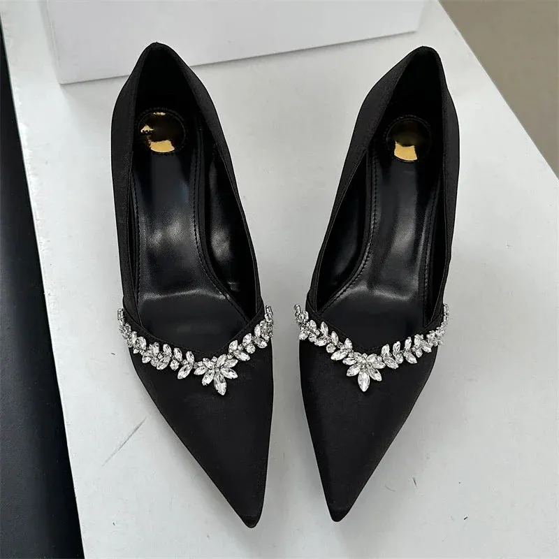 Crystal Pumps Pointed Toe Low-Heeled Shoes