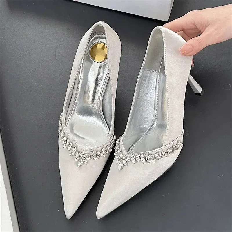 Crystal Pumps Pointed Toe Low-Heeled Shoes