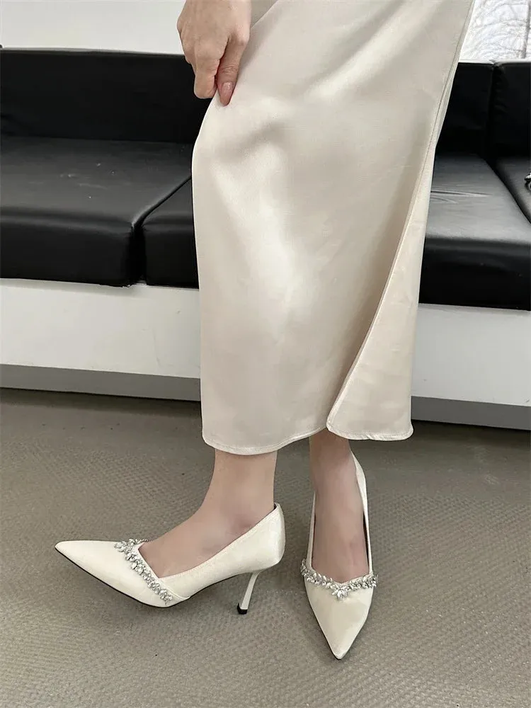 Crystal Pumps Pointed Toe Low-Heeled Shoes