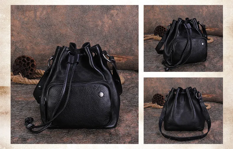 Cute Womens Leather Drawstring Bucket Bag Small Crossbody Purse For Women