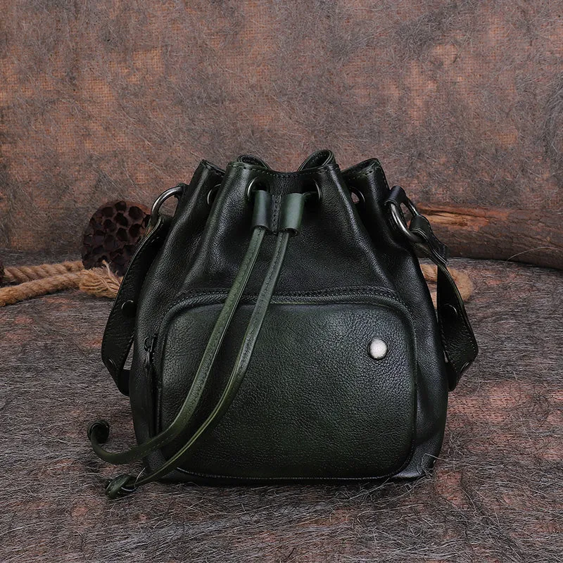 Cute Womens Leather Drawstring Bucket Bag Small Crossbody Purse For Women