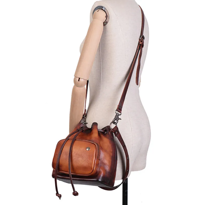 Cute Womens Leather Drawstring Bucket Bag Small Crossbody Purse For Women