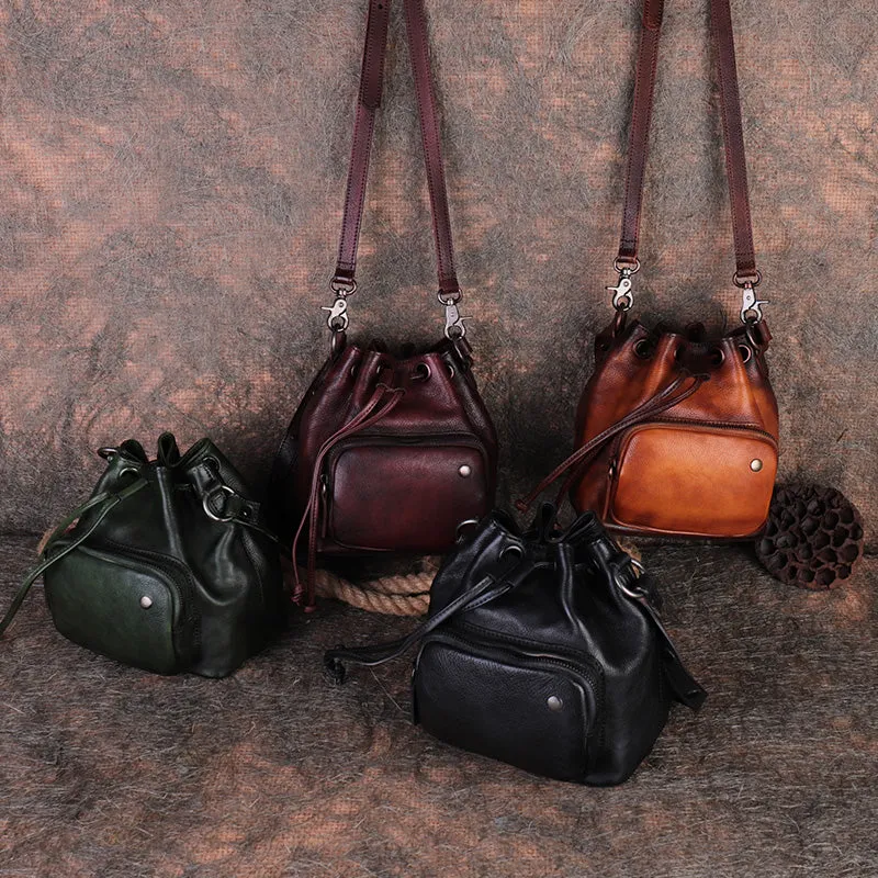Cute Womens Leather Drawstring Bucket Bag Small Crossbody Purse For Women