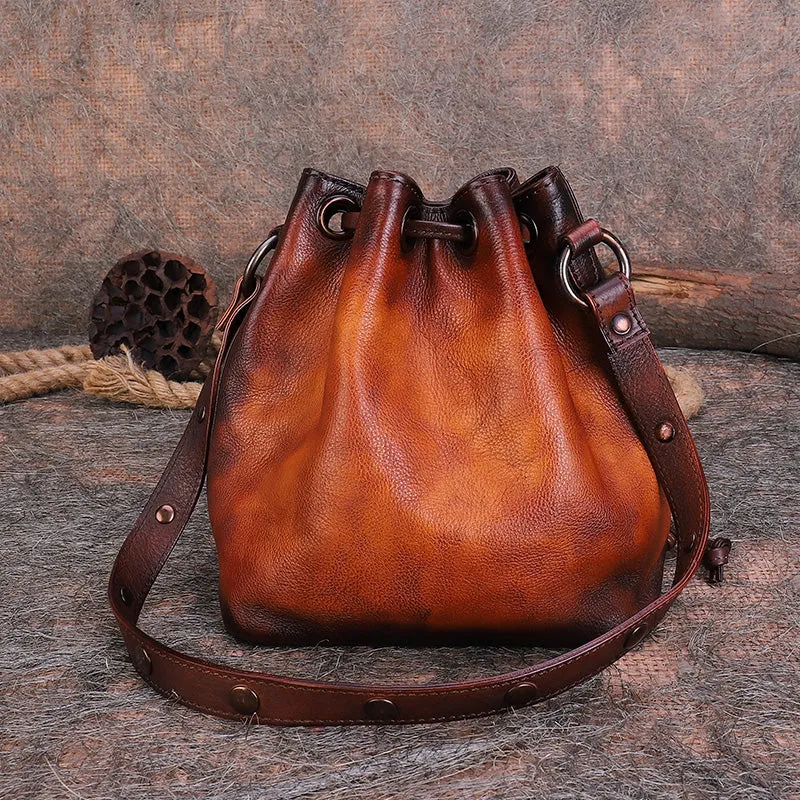 Cute Womens Leather Drawstring Bucket Bag Small Crossbody Purse For Women