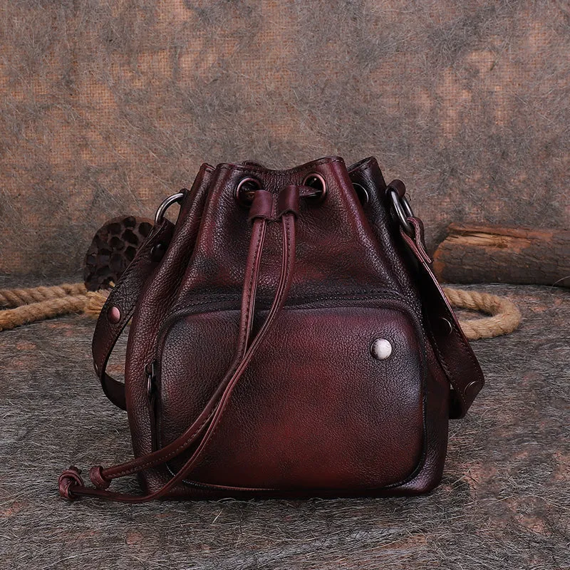 Cute Womens Leather Drawstring Bucket Bag Small Crossbody Purse For Women