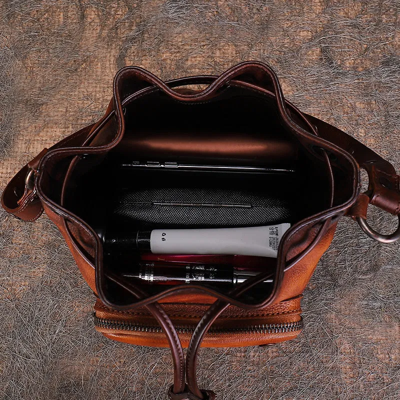 Cute Womens Leather Drawstring Bucket Bag Small Crossbody Purse For Women