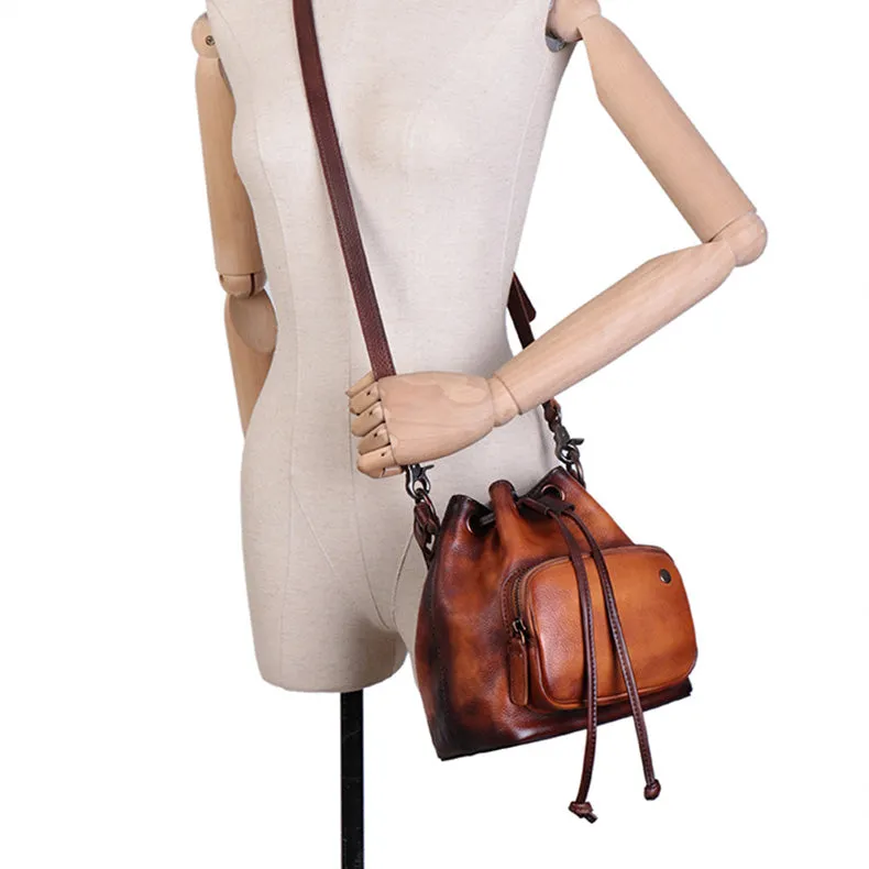 Cute Womens Leather Drawstring Bucket Bag Small Crossbody Purse For Women