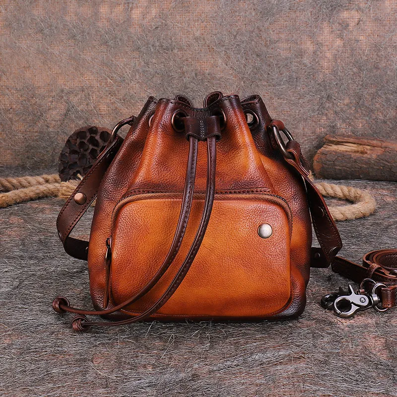 Cute Womens Leather Drawstring Bucket Bag Small Crossbody Purse For Women