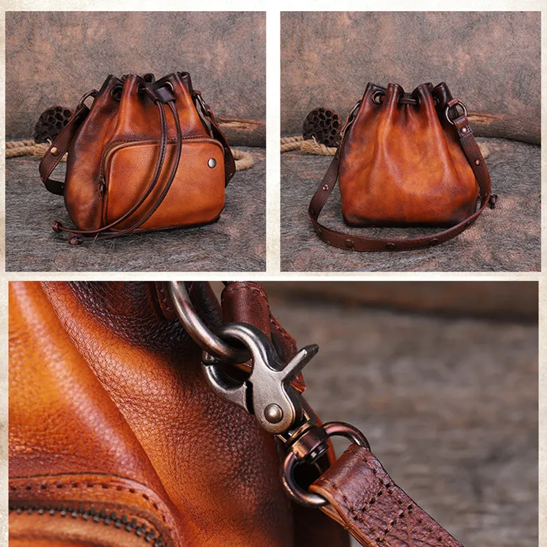 Cute Womens Leather Drawstring Bucket Bag Small Crossbody Purse For Women