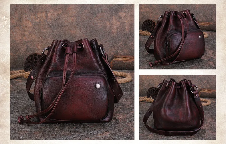 Cute Womens Leather Drawstring Bucket Bag Small Crossbody Purse For Women