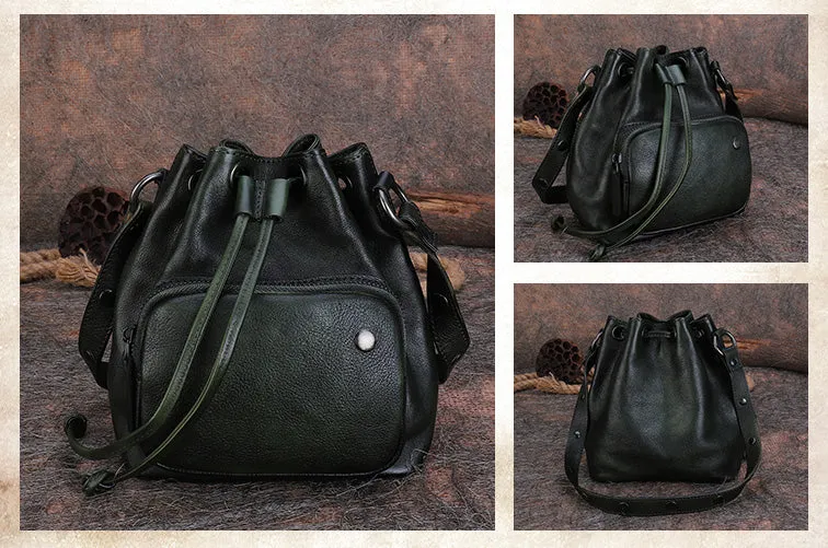 Cute Womens Leather Drawstring Bucket Bag Small Crossbody Purse For Women
