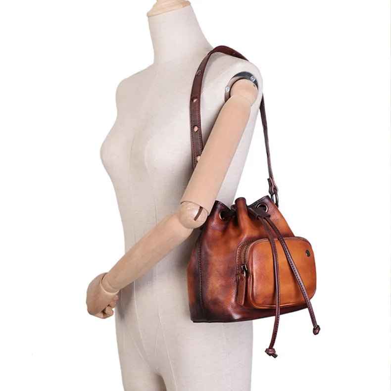 Cute Womens Leather Drawstring Bucket Bag Small Crossbody Purse For Women