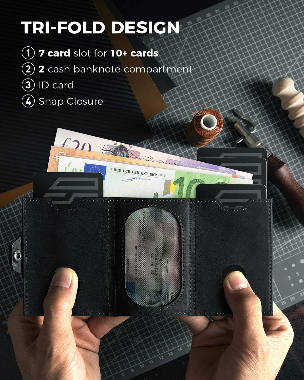 DDS AirTag - Slim Genuine Leather Card Holder Wallet - Black