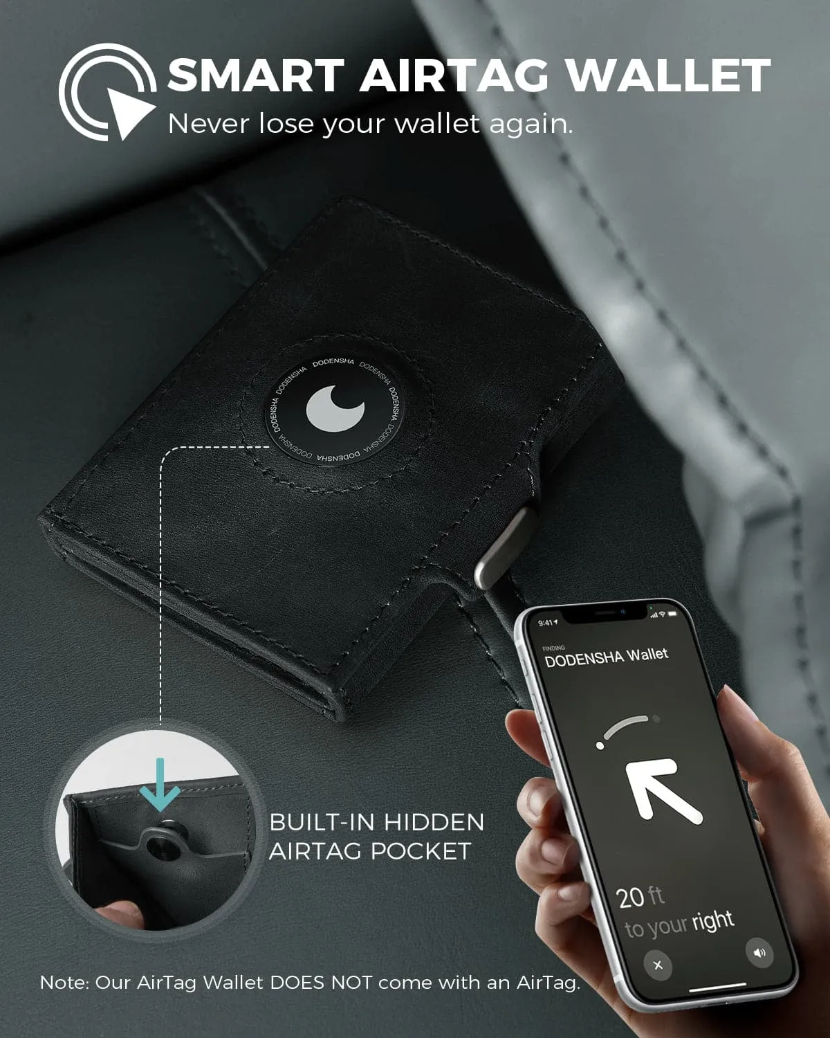 DDS AirTag - Slim Genuine Leather Card Holder Wallet - Black