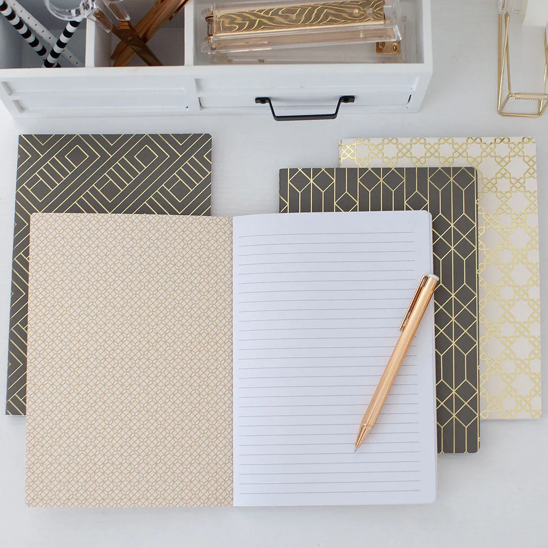 Decorative Notebooks - Set of 4 - Dark Grey and Cream with Gold Foil