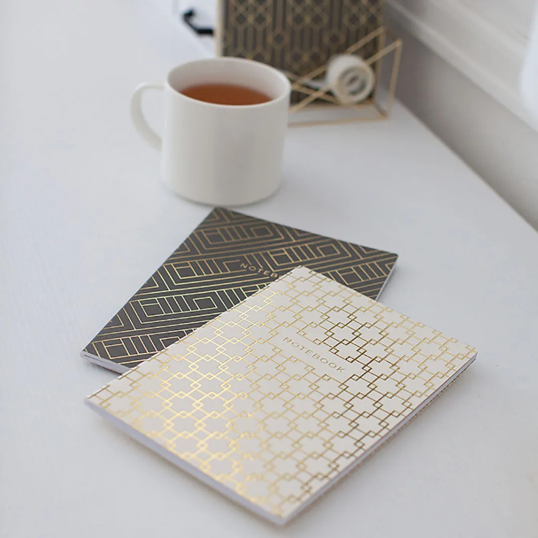 Decorative Notebooks - Set of 4 - Dark Grey and Cream with Gold Foil