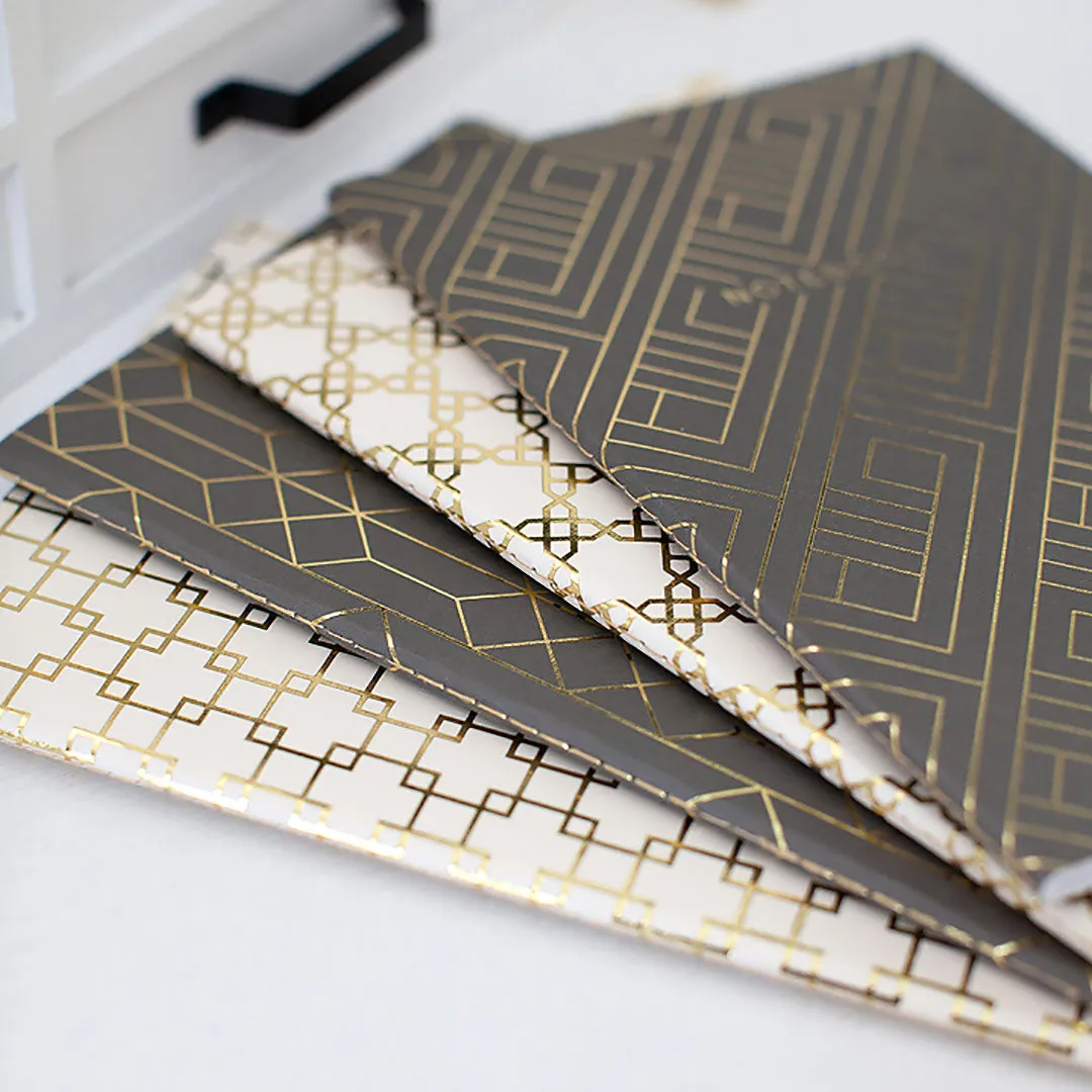 Decorative Notebooks - Set of 4 - Dark Grey and Cream with Gold Foil