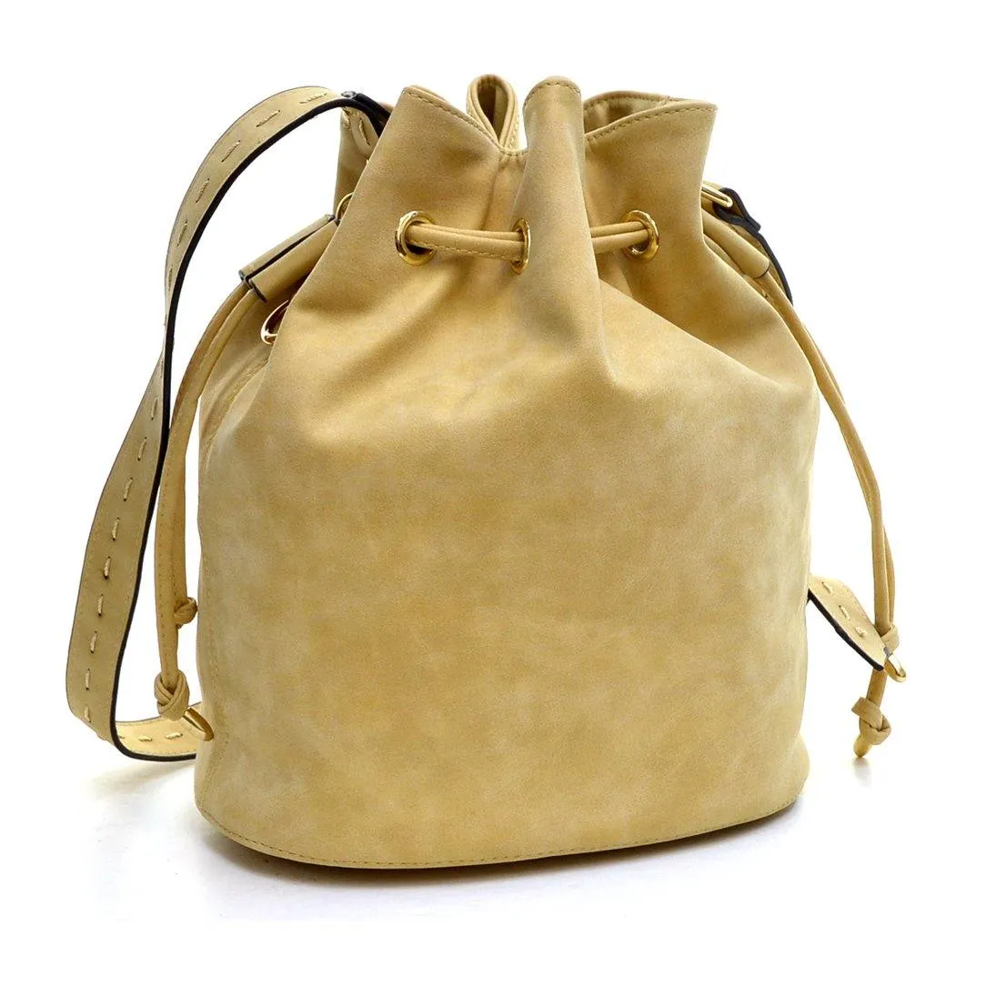 Distressed Faux Leather Drawstring Bucket Bag