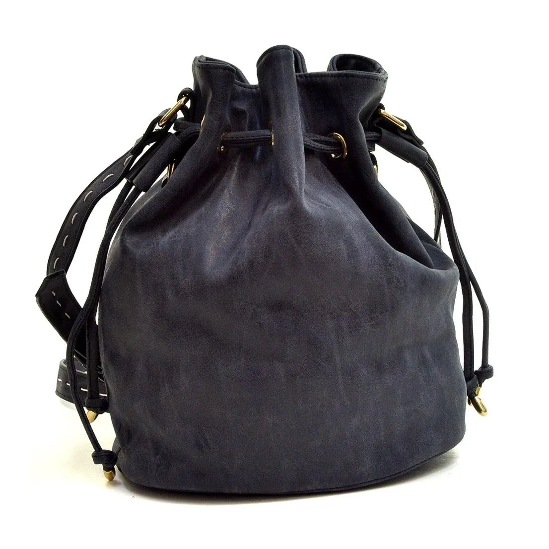 Distressed Faux Leather Drawstring Bucket Bag