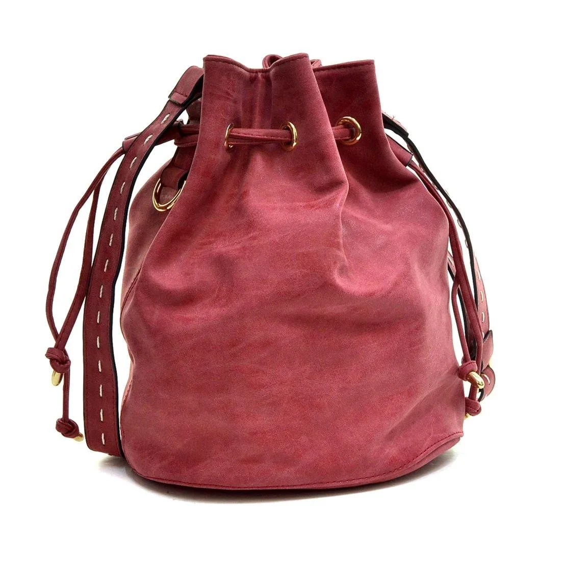 Distressed Faux Leather Drawstring Bucket Bag