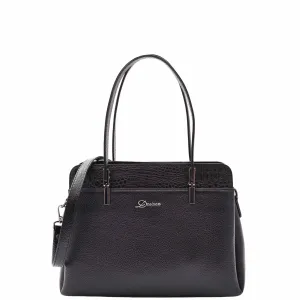 DR589 Women's Leather Medium Size Tote Zip Shoulder Bag Black