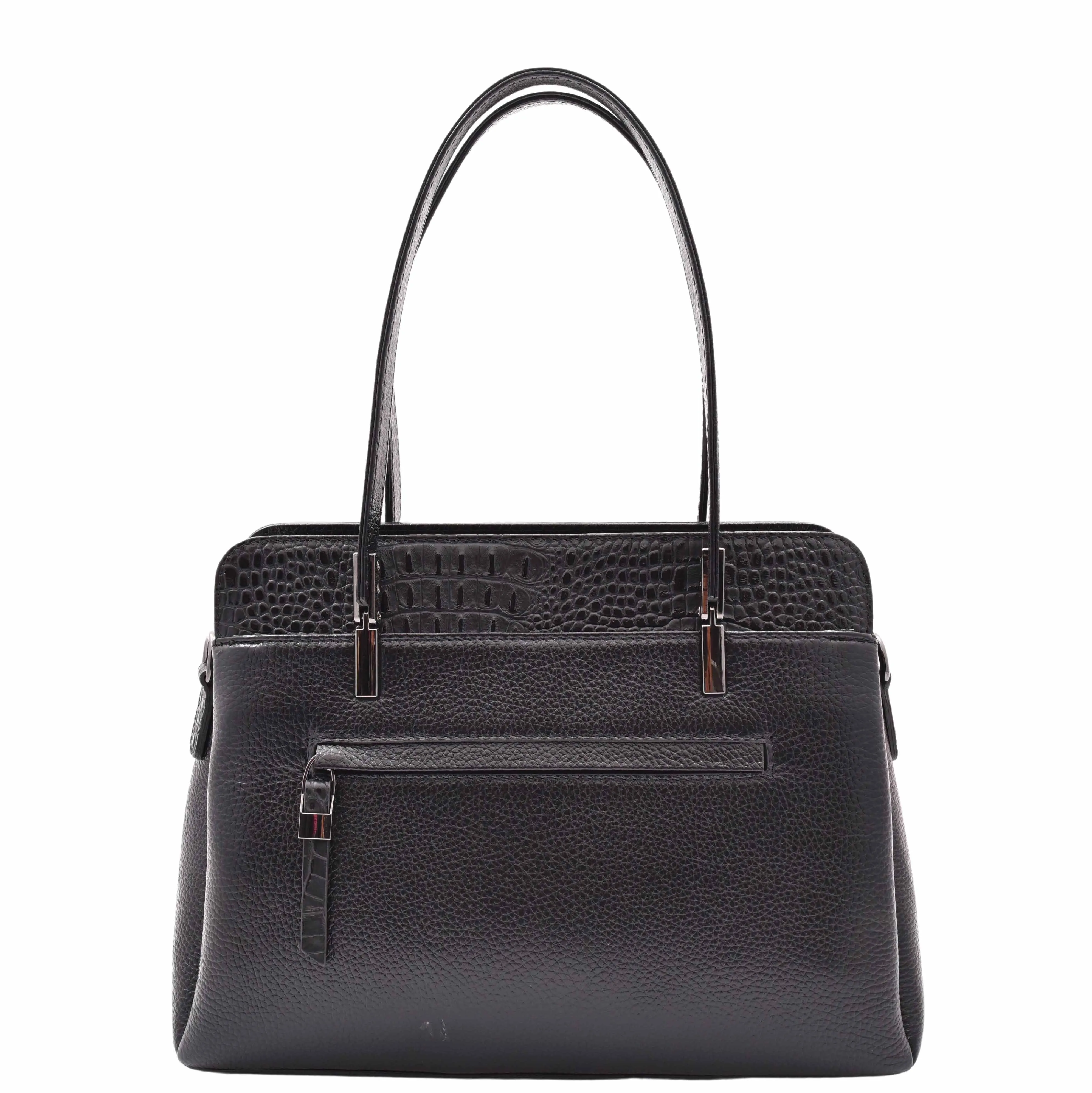 DR589 Women's Leather Medium Size Tote Zip Shoulder Bag Black