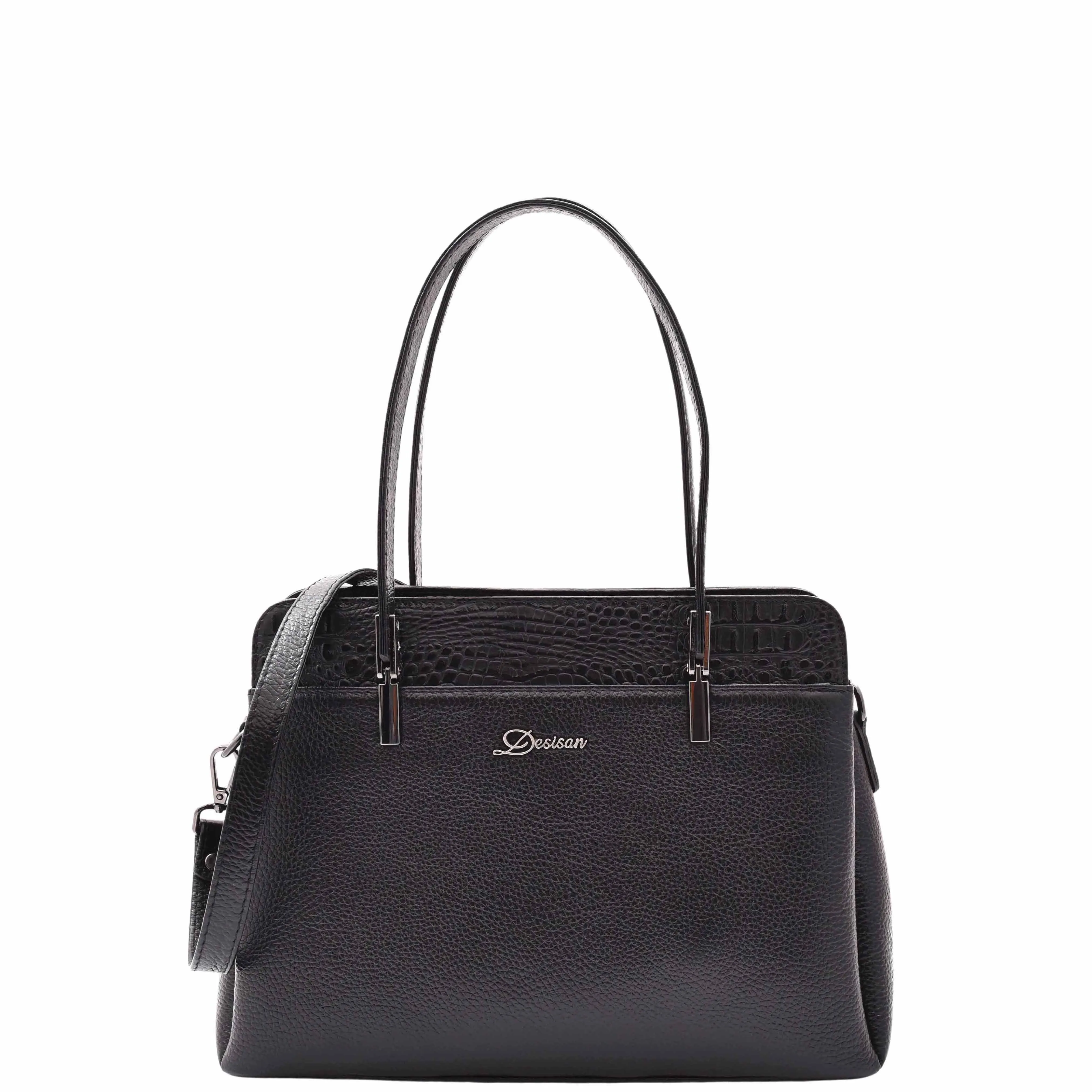 DR589 Women's Leather Medium Size Tote Zip Shoulder Bag Black