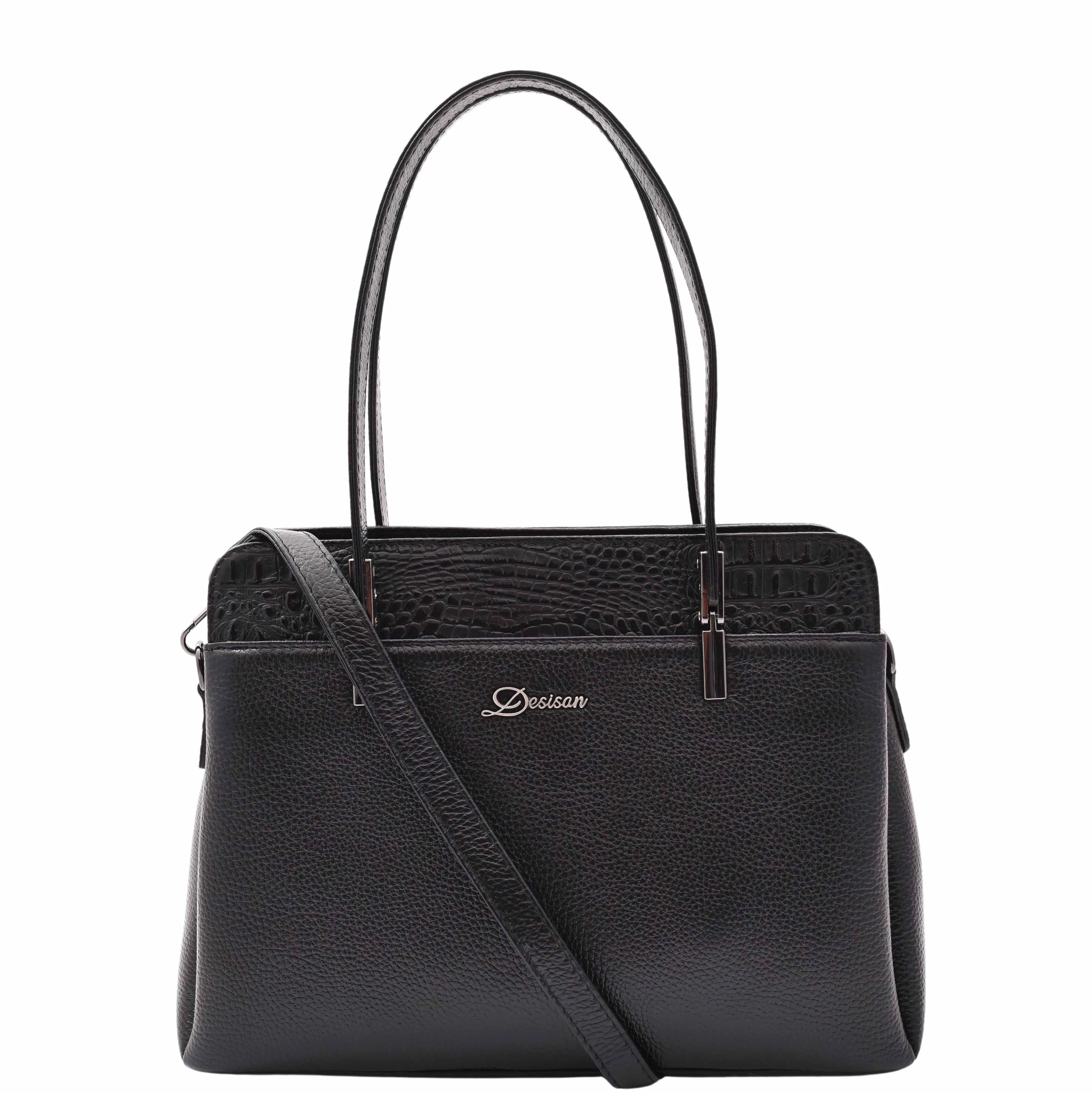 DR589 Women's Leather Medium Size Tote Zip Shoulder Bag Black